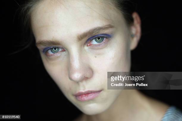 Model is seen backstage ahead of the Vladimir Karaleev show during the Mercedes-Benz Fashion Week Berlin Spring/Summer 2018 at Kaufhaus Jandorf on...