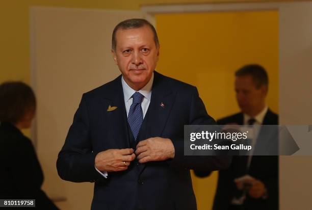 Turkish President Recep Tayyip Erdogan arrives for the first day of the G20 economic summit on July 7, 2017 in Hamburg, Germany. The G20 group of...