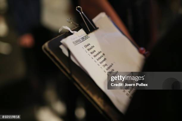 Final preparations are made backstage ahead of the Vladimir Karaleev show during the Mercedes-Benz Fashion Week Berlin Spring/Summer 2018 at Kaufhaus...