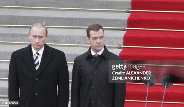 Outgoing Russian President Vladimir Putin looks on during an inauguration ceremony for president-elect Dmitry Medvedev in Moscow's Kremlin on May 7,...