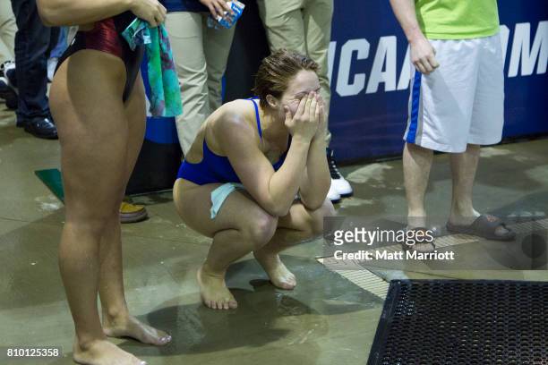 Monica Amaral of West Florida reacts after winning the 3 meter diving competition during the Division II Men's and Women's Swimming & Diving...