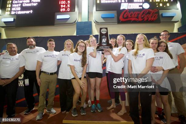 The Drury University team receives their second place trophy during the Division II Men's and Women's Swimming & Diving Championship held at the...