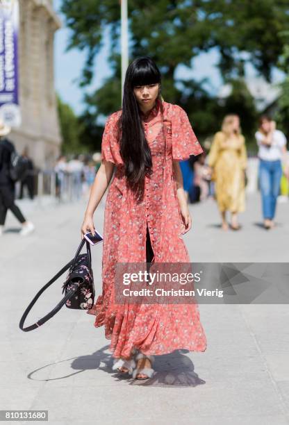 Susie Lau wearing a boho dress outside Viktor & Rolf during Paris Fashion Week - Haute Couture Fall/Winter 2017-2018 : Day Four on July 5, 2017 in...