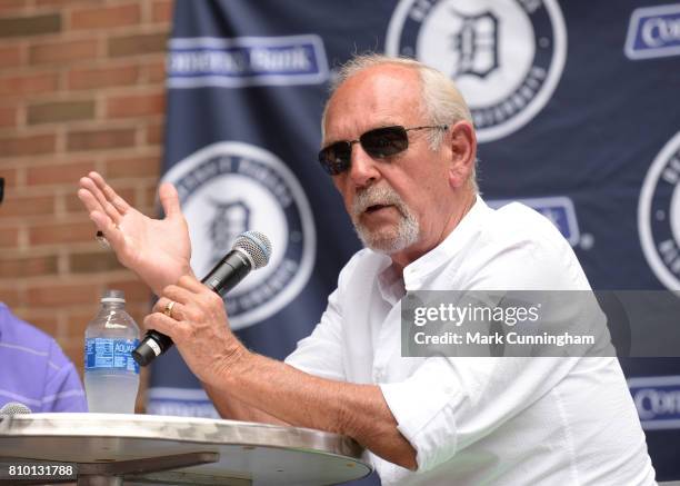 Former Detroit Tigers manager Jim Leyland talks to the fans during a Q & A session prior to the game against the Tampa Bay Rays at Comerica Park on...