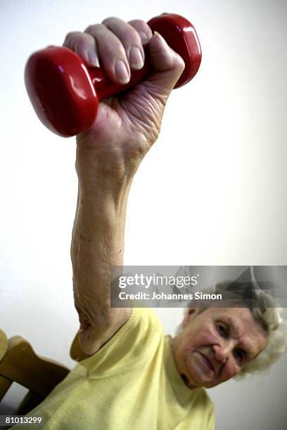 Ruth Roeder, inhabitant of the St.Michael Zentrum, residential home for the elderly, participates a physical fitness tra?ning session on May 7, 2008...