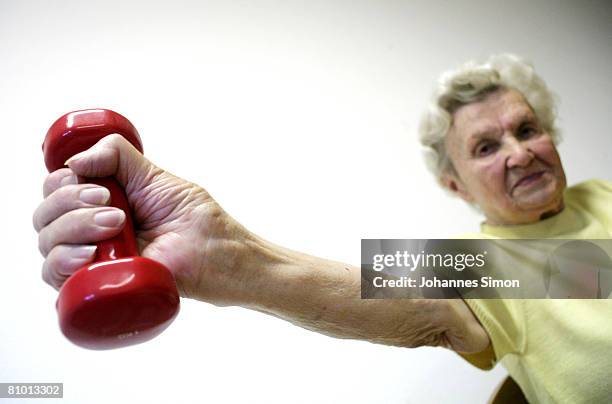 Ruth Roeder, inhabitant of the St.Michael Zentrum, residential home for the elderly, participates a physical fitness tra?ning session on May 7, 2008...