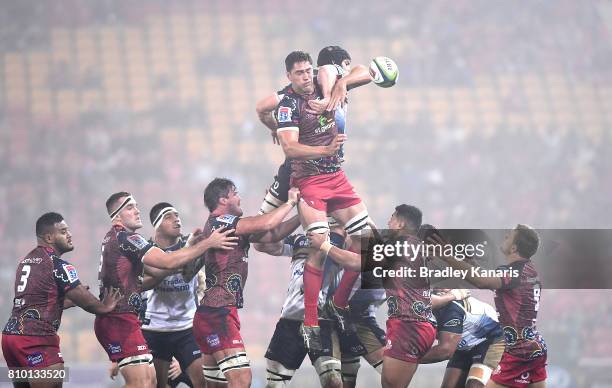 Rob Simmons of the Reds and Sam Carter of the Brumbies compete at the lineout during the round 16 Super Rugby match between the Reds and the Brumbies...