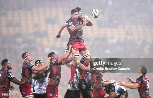 Rob Simmons of the Reds and Sam Carter of the Brumbies compete at the lineout during the round 16 Super Rugby match between the Reds and the Brumbies...