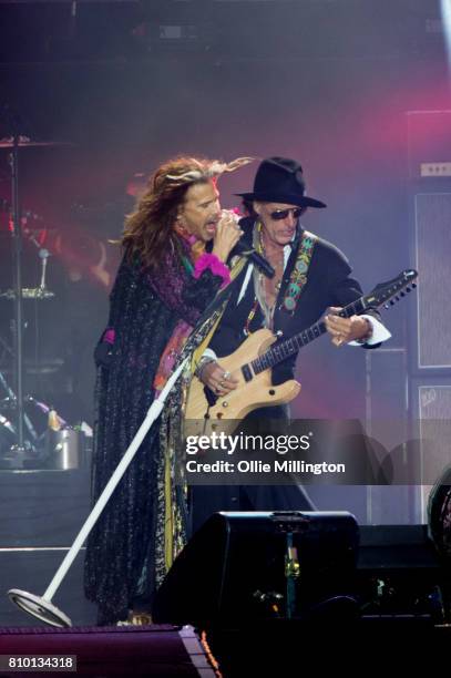 Steven Tyler and Joe Perry of Aerosmith perform during the bands last ever UK show headlining Day 3 of Download Festival Donington Park on June 11,...