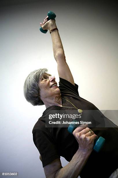 Doernte Kerntler, inhabitant of the St.Michael Zentrum, residential home for the elderly, participates a physical fitness tra?ning session on May 7,...