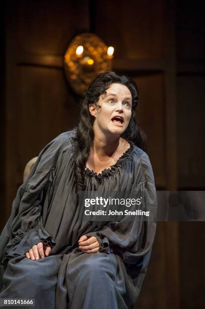 Emma Cunniffe as Anne performs on stage in a production of "Queen Anne" by the RSC at Theatre Royal on July 6, 2017 in London, England.