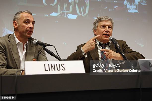 Linus and television critic Aldo Grasso attend a press conference during the 2008 Telefilm Festival held at Cattolica del Sacro Cuore University on...