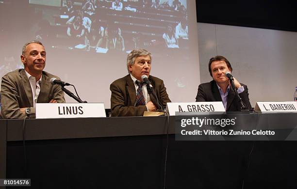 Linus, Aldo Grasso and Leopoldo Damerini attend a press conference during the 2008 Telefilm Festival held at Cattolica del Sacro Cuore University on...