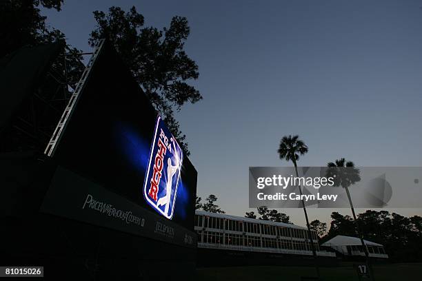 The PGA TOUR logo on video board at dawn during the second day of practice for THE PLAYERS Championship on THE PLAYERS Stadium Course at TPC Sawgrass...
