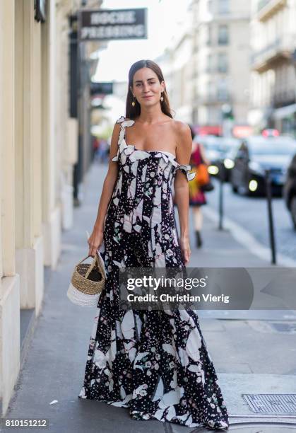 Gala Gonzalez wearing a black white dress outside Valentino during Paris Fashion Week - Haute Couture Fall/Winter 2017-2018 : Day Four on July 5,...