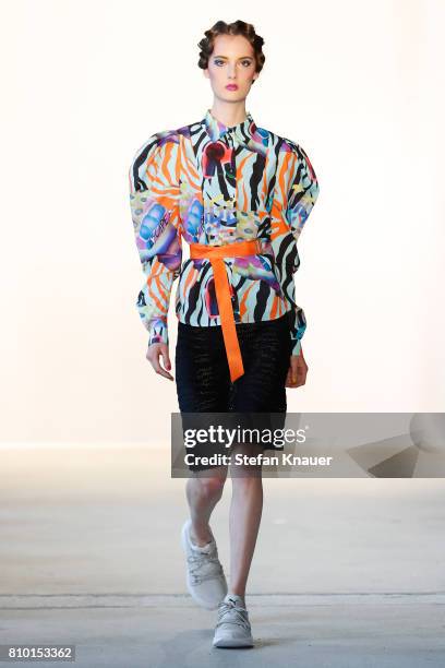 Model walks the runway at the Raquel Hladky show during the Mercedes-Benz Fashion Week Berlin Spring/Summer 2018 at Kaufhaus Jandorf on July 7, 2017...