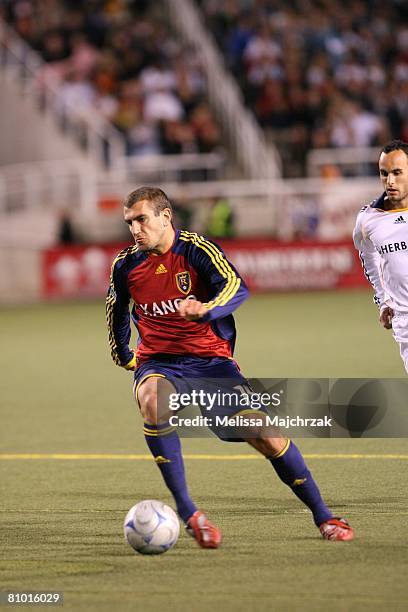 Yura Movsisyan of Real Salt Lake kicks the ball against the Los Angeles Galaxy at Rice Eccles Stadium on May 3, 2008 in Salt Lake City, Utah.