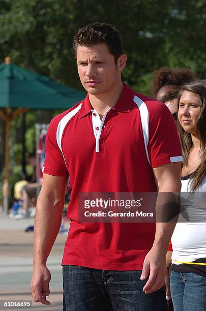Singer and actor Nick Lachey performs in camera during the Disney's High School Musical Get in the Picture Session Casting at Disney's Wide World of...