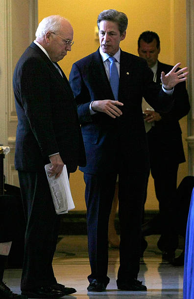 Vice President Dick Cheney listens to Sen. Norm Coleman before he leaves the Capitol May 7, 2008 on Capitol Hill in Washington, DC. Cheney was on the...