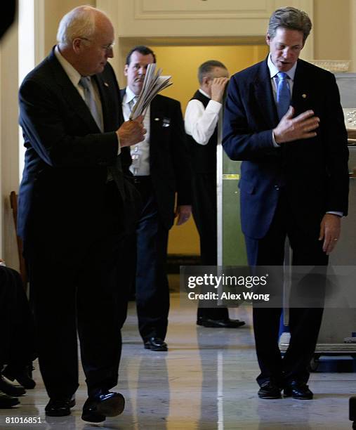 Sen. Norm Coleman bids farewell to U.S. Vice President Dick Cheney before Cheney leaves the Capitol May 7, 2008 on Capitol Hill in Washington, DC....