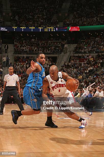 Chauncey Billups of the Detroit Pistons drives against Jameer Nelson of the Orlando Magic in Game One of the Eastern Conference Semifinals during the...