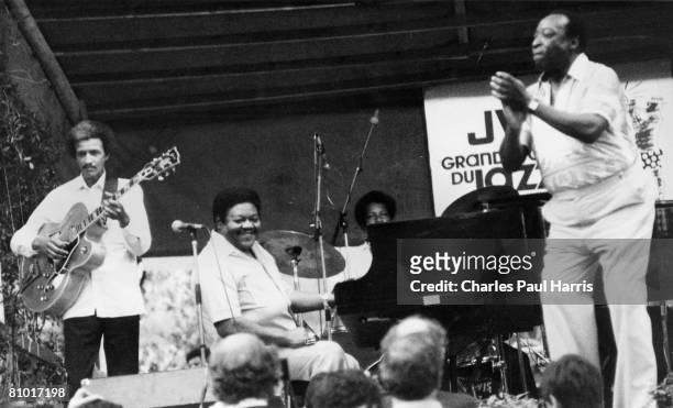 Photo of Fats Domino & Jimmy Moliere & Clarence Brown & Dave Bartholomew at the Grande Parade du Jazz, Nice, France 1985