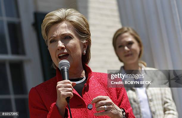 Democratic presidential hopeful New York Senator Hillary Rodham Clinton speaks at a campaign event outside McMurran Hall at Shepherd University in...