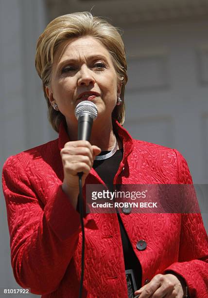 Democratic presidential hopeful New York Senator Hillary Clinton speaks to the media after a campaign event outside McMurran Hall at Shepherd...