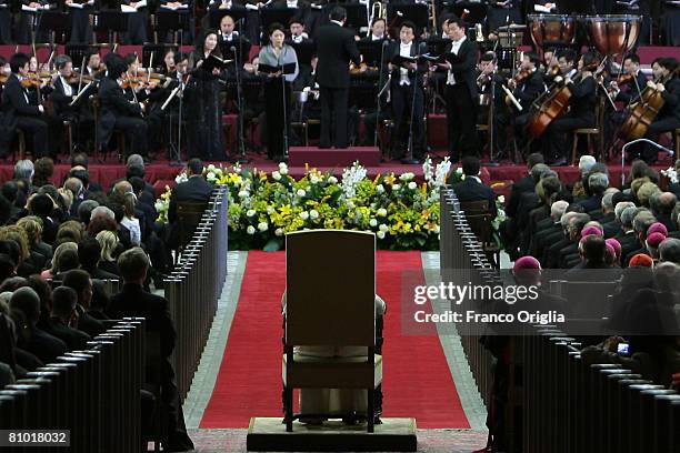 Pope Benedict XVI attends a concert of the Chinese Philharmonic Orchestra at the Paul VI Hall on May 7, 2008 in Vatican City, Vatican. Benedict XVI