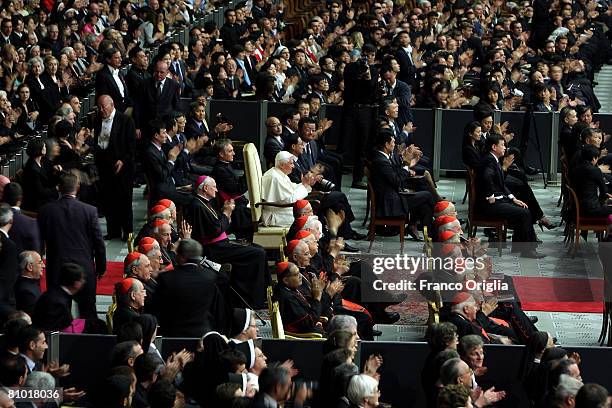 Pope Benedict XVI attends a concert of the Chinese Philharmonic Orchestra at the Paul VI Hall on May 7, 2008 in Vatican City, Vatican. Benedict XVI