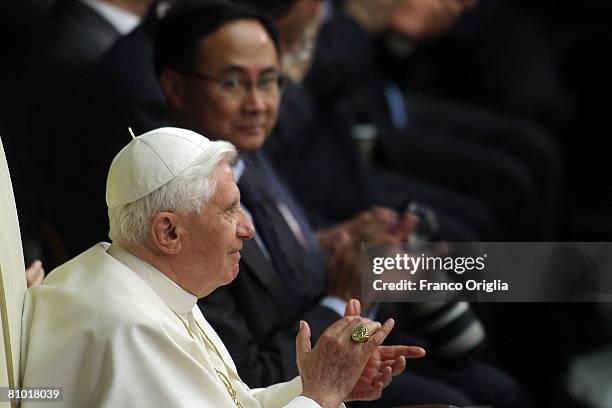 Pope Benedict XVI attends a concert of the Chinese Philharmonic Orchestra at the Paul VI Hall on May 7, 2008 in Vatican City, Vatican. Benedict XVI