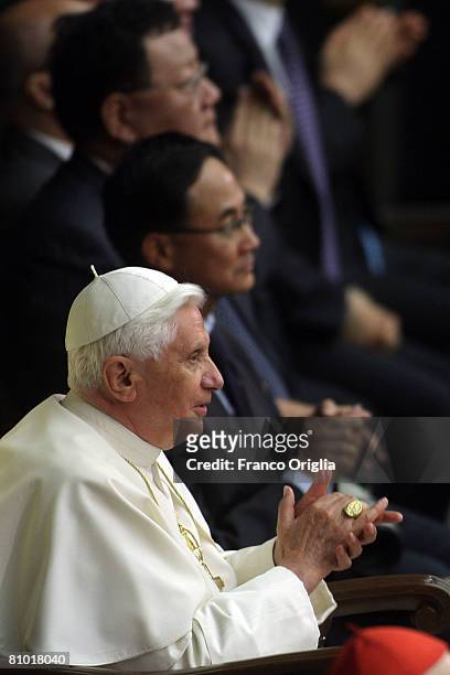 Pope Benedict XVI attends a concert of the Chinese Philharmonic Orchestra at the Paul VI Hall on May 7, 2008 in Vatican City, Vatican. Benedict XVI
