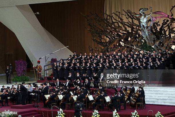 Chinese Philharmonic Orchestra performs for Pope Benedict XVI at the Paul VI Hall on May 7, 2008 in Vatican City, Vatican. Benedict XVI
