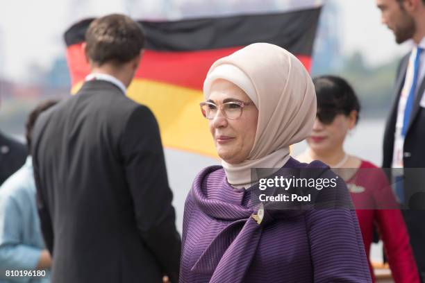 Emine Erdogan, wife of Recep Tayyip Erdogan, President of the Republic of Turkey, leaves the boat "Diplomat" on the river Elbe as they take part in...