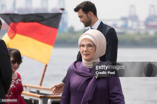 Emine Erdogan, wife of Recep Tayyip Erdogan, President of the Republic of Turkey, leaves the boat "Diplomat" on the river Elbe as they take part in...