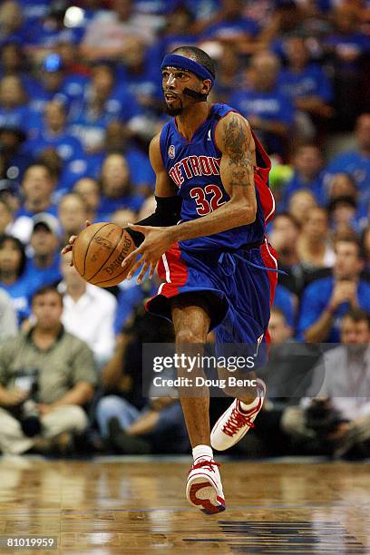 Richard Hamilton of the Detroit Pistons brings the ball up court against the Orlando Magic in Game Three of the Eastern Conference Semifinals during...