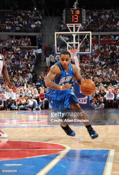 Jameer Nelson of the Orlando Magic drives to the basket in Game Two of the Eastern Conference Semifinals against the Detroit Pistons during the 2008...
