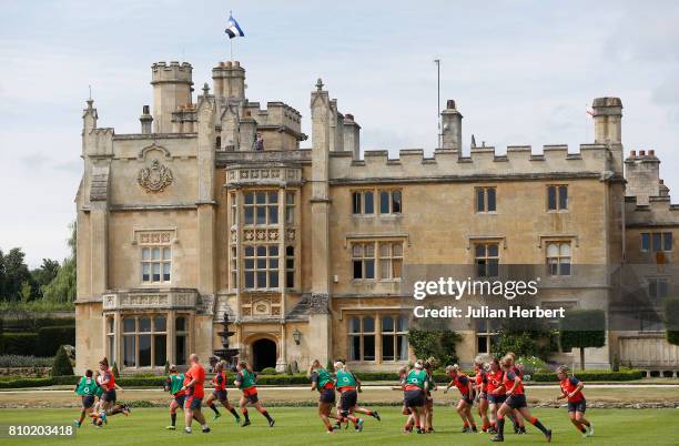 Members of The England Womens Rugby World Cup squad take part in a training session at Farleigh House on July 7, 2017 in Bath, England.
