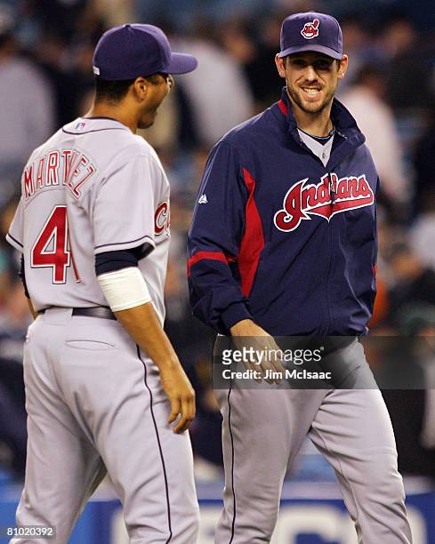 Cliff Lee and Victor Martinez of the Cleveland Indians celebrate after defeating the New York Yankees on May 7, 2008 at Yankee Stadium in the Bronx...