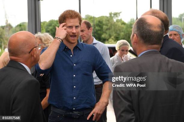 Britain's Prince Harry arrives for a visit to the Haribo sweet factory during an official visit to Leeds on July 7, 2017 in Leeds, England.