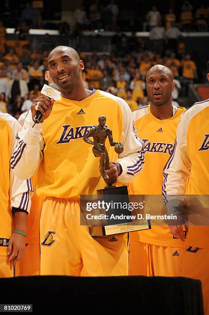 Kobe Bryant of the Los Angeles Lakers address the crowd after being presented the 2007-08 NBA Most Valuable Player award prior to taking on the Utah...