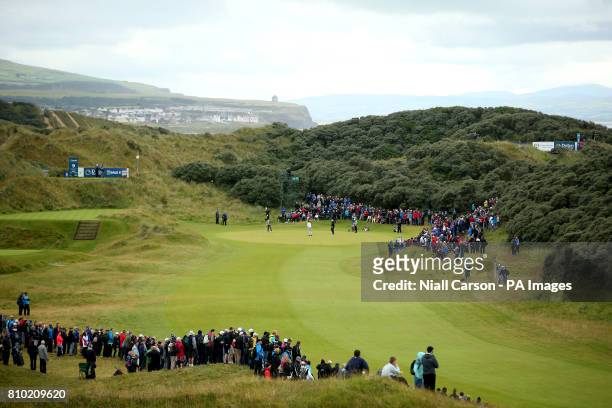 General view of action on the first during day two of the Dubai Duty Free Irish Open at Portstewart Golf Club.