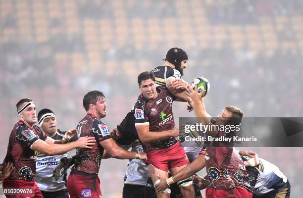 Rob Simmons of the Reds and Sam Carter of the Brumbies compete at the lineout during the round 16 Super Rugby match between the Reds and the Brumbies...