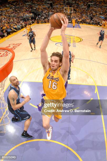 Pau Gasol of the Los Angeles Lakers goes up for a dunk while taking on the Utah Jazz in Game Two of the Western Conference Semifinals during the 2008...