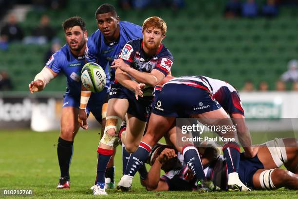 Nic Stirzaker of the Rebels passes the ball during the round 16 Super Rugby match between the Force and the Rebels at nib Stadium on July 7, 2017 in...