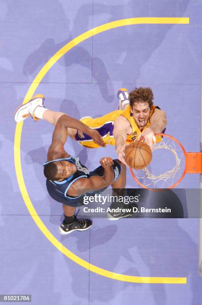 Pau Gasol of the Los Angeles Lakers dunks against Paul Millsap of the Utah Jazz in Game Two of the Western Conference Semifinals during the 2008 NBA...