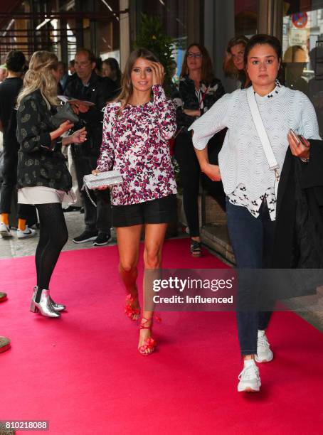Cathy Hummels, seen wearing an Escada top and black shorts, attends the Gala Fashion Brunch Ellington Hotel on July 7, 2017 in Berlin, Germany.