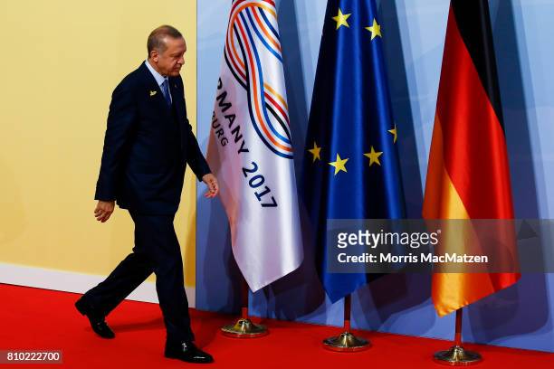 Turkish President Recep Tayyip Erdogan arrives for the first day of the G20 economic summit on July 7, 2017 in Hamburg, Germany. The G20 group of...