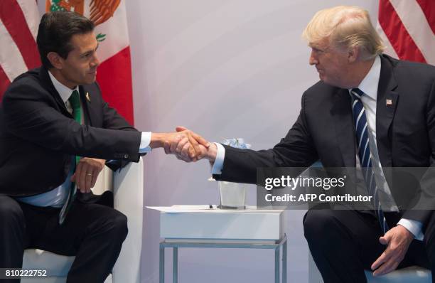 President Donald Trump and Mexican President Enrique Pena Nieto shake hands during a meeting on the sidelines of the G20 Summit in Hamburg, Germany,...