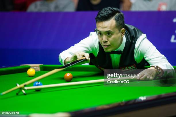 Marco Fu of Chinese Hong Kong plays a shot during the group match between China A and Chinese Hong Kong on day five of 2017 Snooker World Cup at Wuxi...